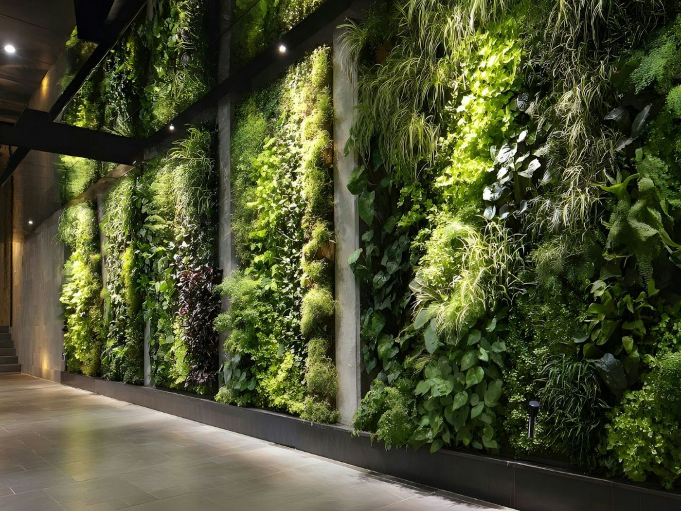 Corredor interno com parede inteira coberta por um jardim vertical exuberante